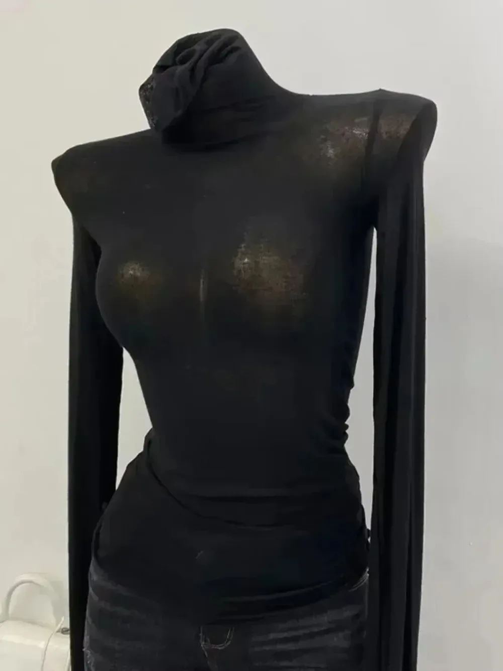 الياقة المدورة ضئيلة عالية الجودة عادي تي شيرت المرأة القطن مطاطا الأساسية الإناث بلايز كم طويل مثير رقيقة تي شيرت انظر من خلال 2025