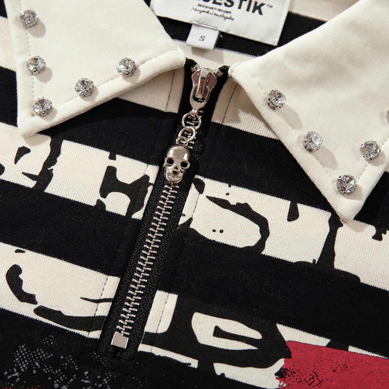 High Street Diamond Studded Lapel T-shirt Washed Do Old Striped Short Sleeved Top Majestik Short Sleeved Shirt