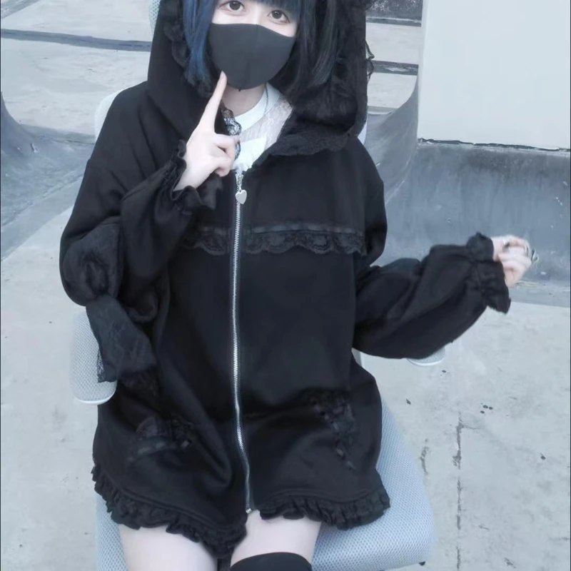 Subculture Gothic Lolita Hoodies Women Harajuku Y2k Lace Bow Cat Ear Hooded Coats Grunge Loose ​Long Sleeves Zipper Sweatshirt view 4