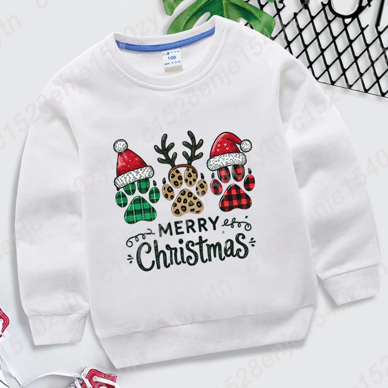Dog Paw Merry Christmas Print Pullover Kids Hot Selling Sports Hoodless Sweatshirt Children Boys Girls Pure Color Crew Neck Tops