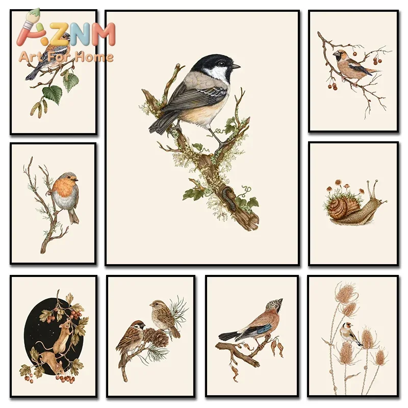 Retro Neutral Animal Garden Snail Goldfinch Mouse on Hawthorn Birds Branches Art Poster Canvas Painting and Prints Home Decor