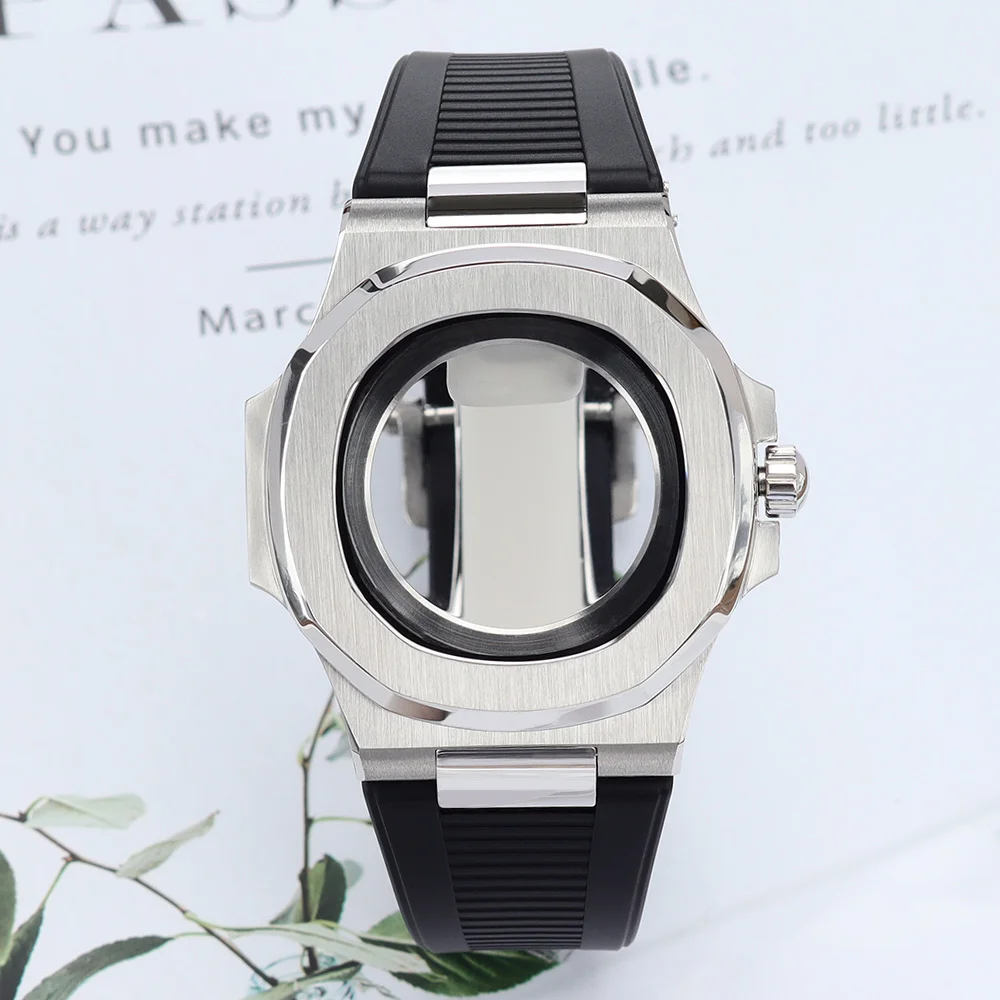 

40mm Steel Watch Case Rubber Strap Parts Sapphire Glass For NH34 NH35 NH36 4R36 Movt Mod Nautilus 30.8mm Dial Watch Repair Parts