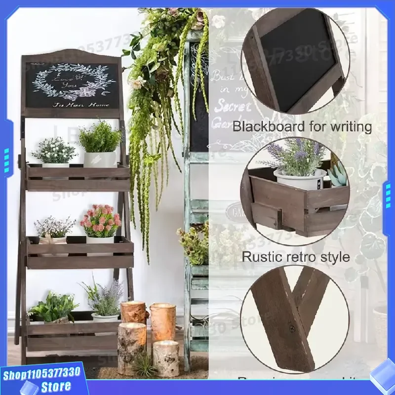 Vintage Dark Brown Wooden Chalkboard Rack 3 Tier Shelf for Plants Fruits Home Decor Classic Black Display Stand Kitchen