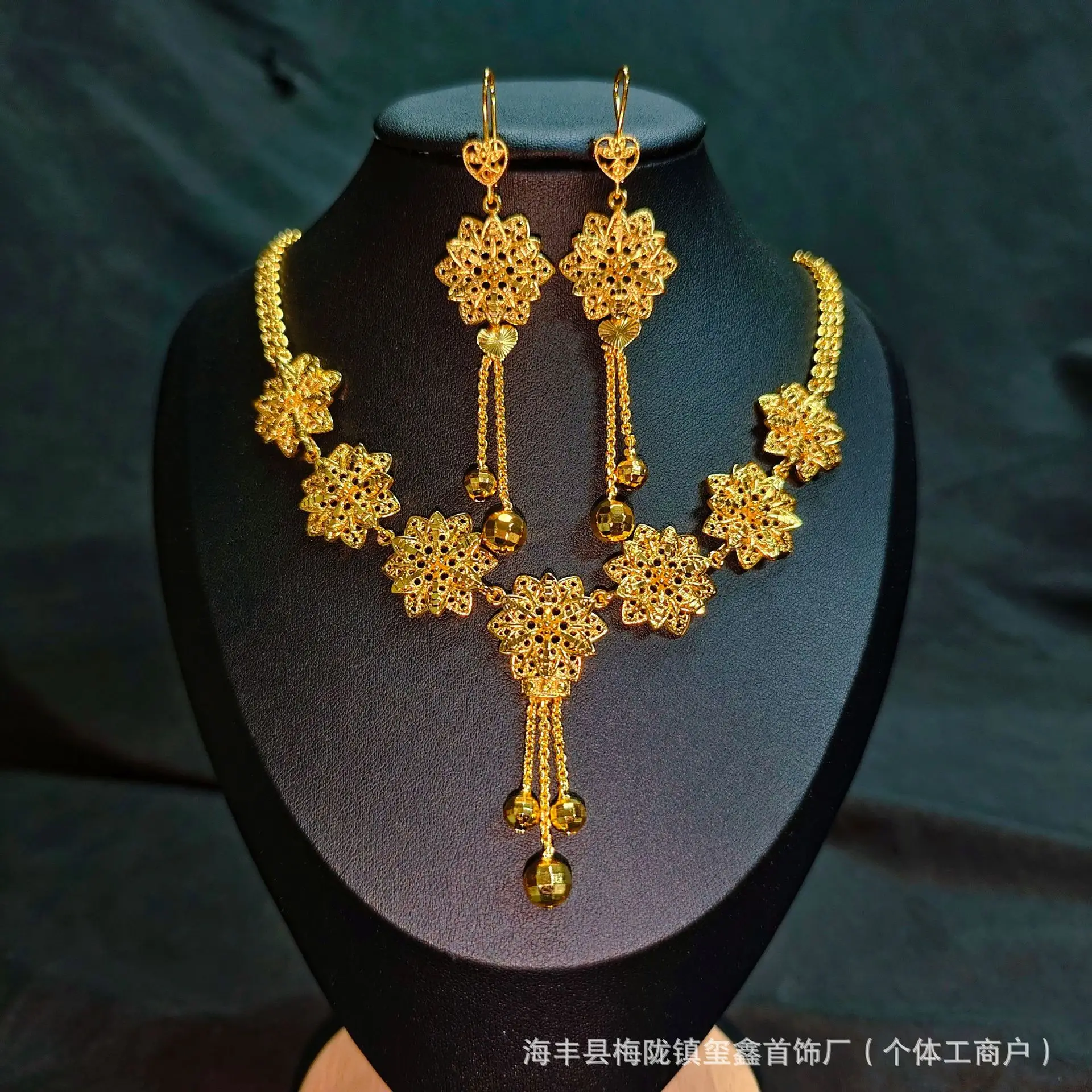 Luxury 24K 9999 Pure Gold real gold Dubai Middle East Flower Women's Necklace Set Lotus Stud Earrings