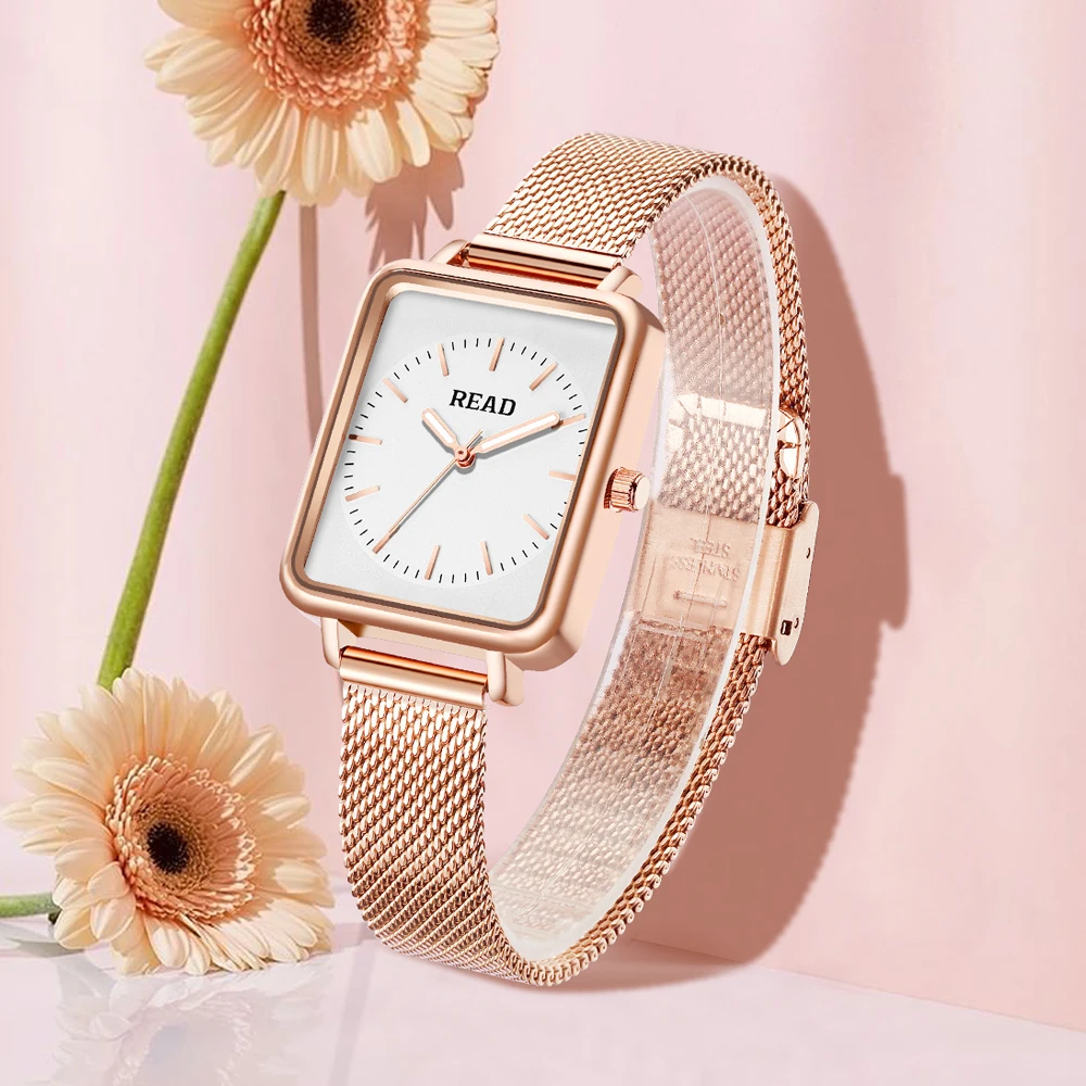READ Square Ladies Quartz Watch | Rose‑Gold Stainless Steel Mesh Band | White Dial | 3ATM Water Resistant | Hard Glass Mirror