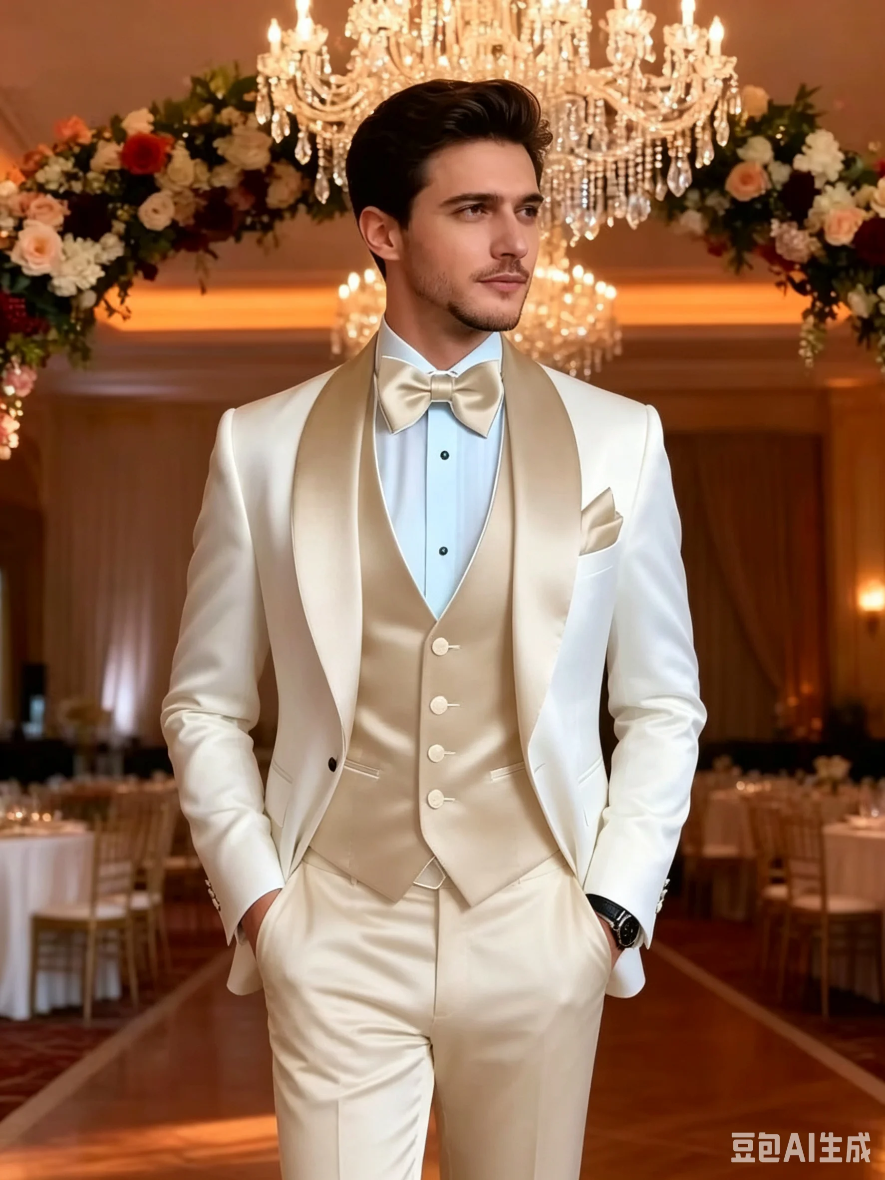 

Elegant Khaki 3 Piece Tuxedo Suit for Men - Classic Attire Jacket Vest Pants Set for Wedding Prom Ball Party Date Host Dress