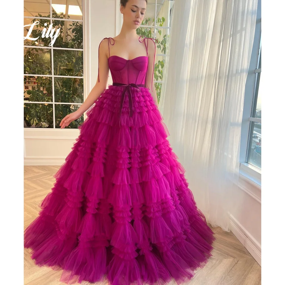 

Lily Fuchsia Elegant Evening Dresses Sweetheart Sleeveless Prom Dress Net Layered Prom Gown for Woman robe de bal Customized