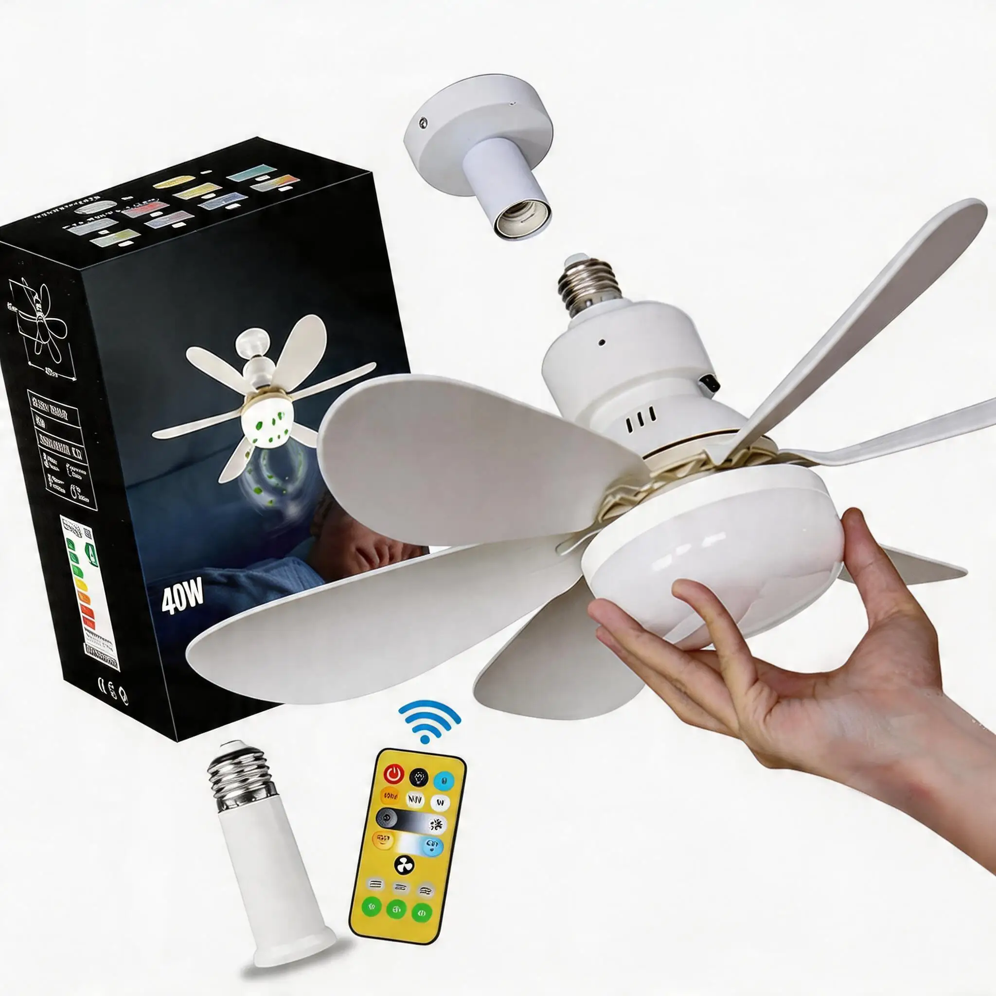 White Ceiling-Mounted Fan Light, 40W Silent LED Model, Compatible with E26/E27 Lamp Bases, Comes with Remote Control for Home