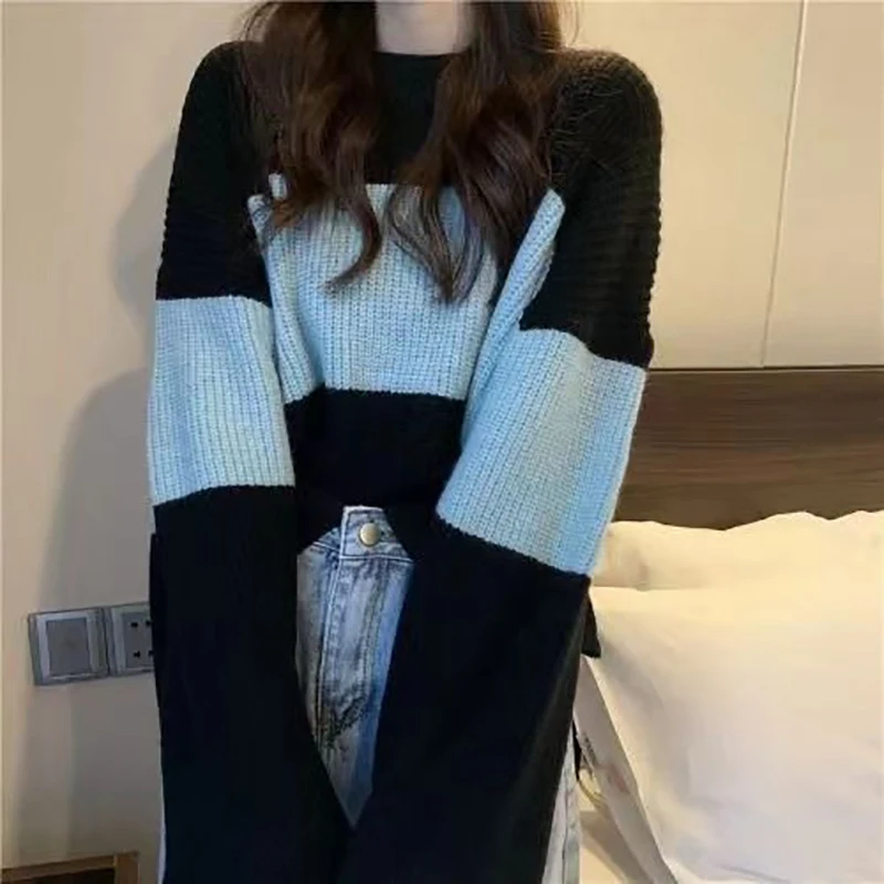 Fall Winter Striped Print Women Long Sleeve O Neck Sweater Korean Fashion Harajuku Vintage Knitted Oversized Pullovers Crop Tops