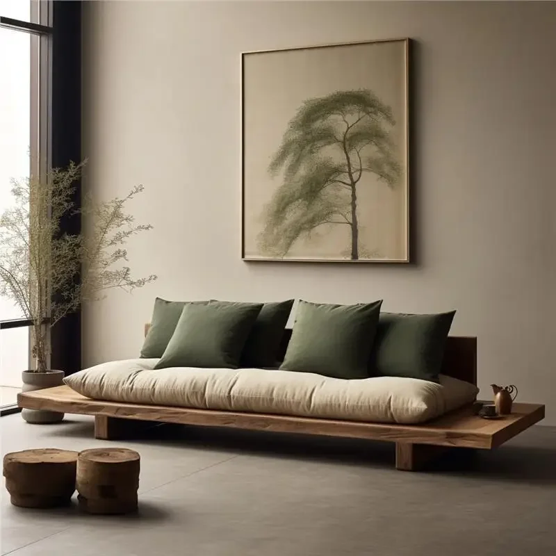 Wood Sofa Japanese-style Log Wind Homestay Living Room Small Apartment Double Triple Straight Row Sofa Combination