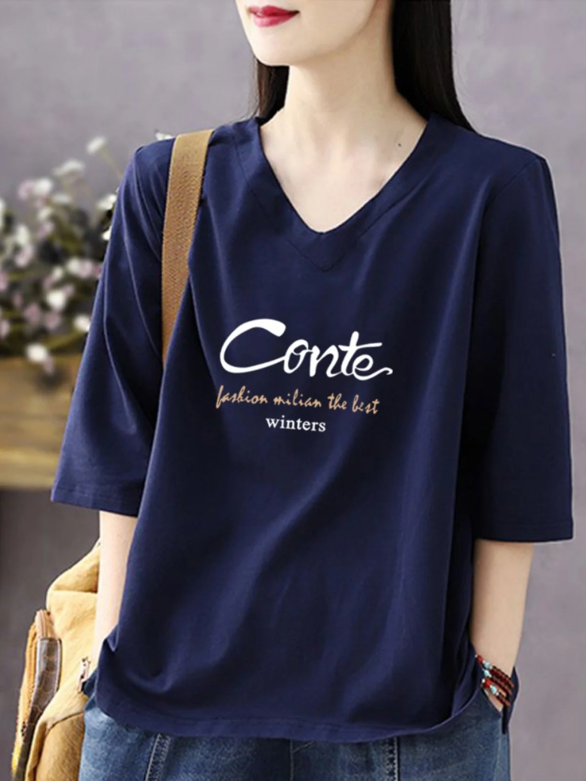 

Casual Cotton V-Neck 3/4 Sleeve T-Shirt Women's Blue Versatile Spring Summer Loose Fit Comfortable Korean Style Top