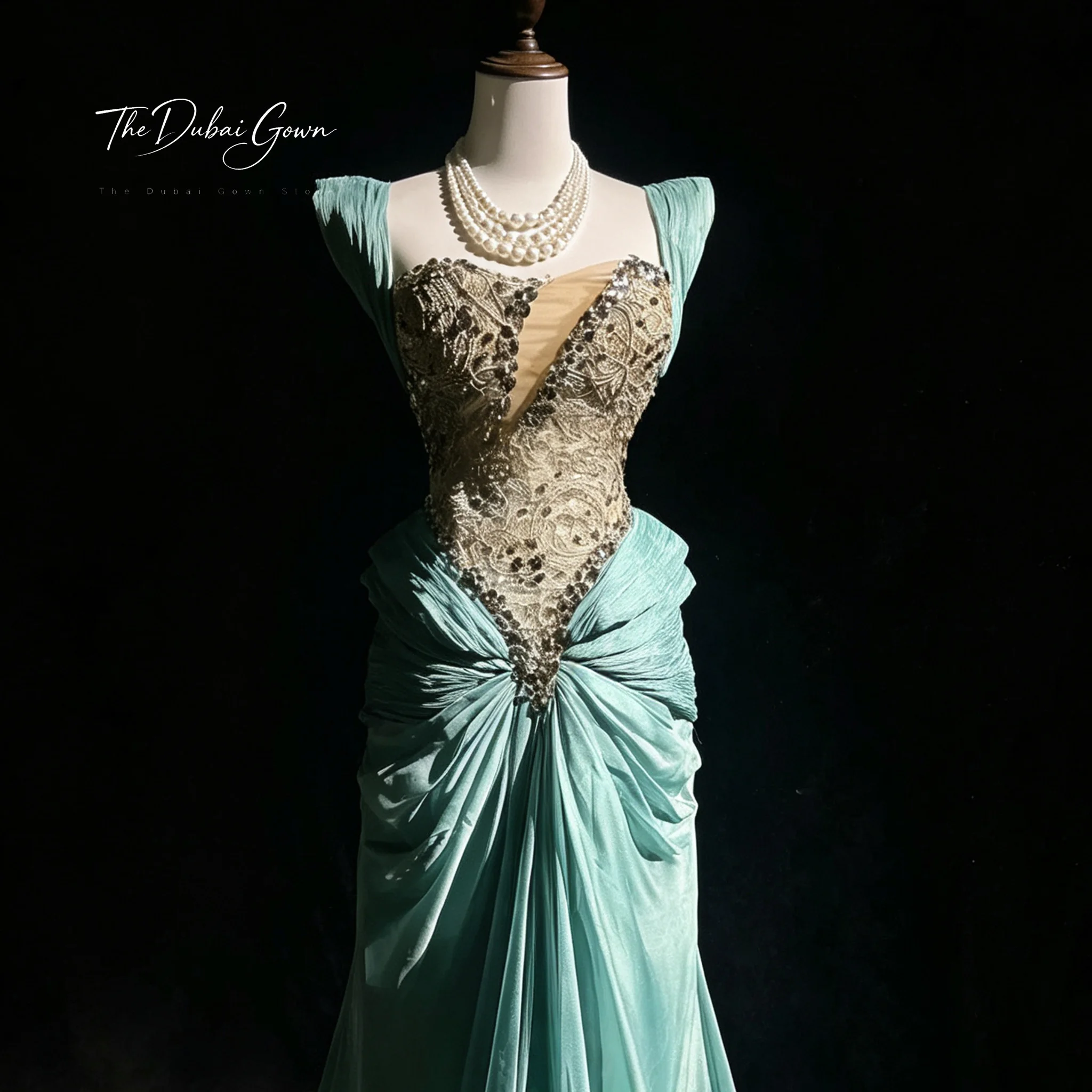 Green off-the-shoulder strapless floor-length mermaid formal gown featuring exquisite embroidery and draping