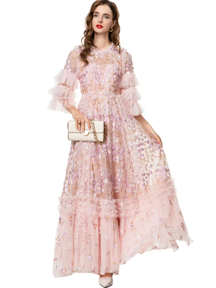 Qmqa moda feminina elegante vestido bordado rosa meados de manga em camadas plissado vestido grande balanço vestidos de noite 2025 novo qm705