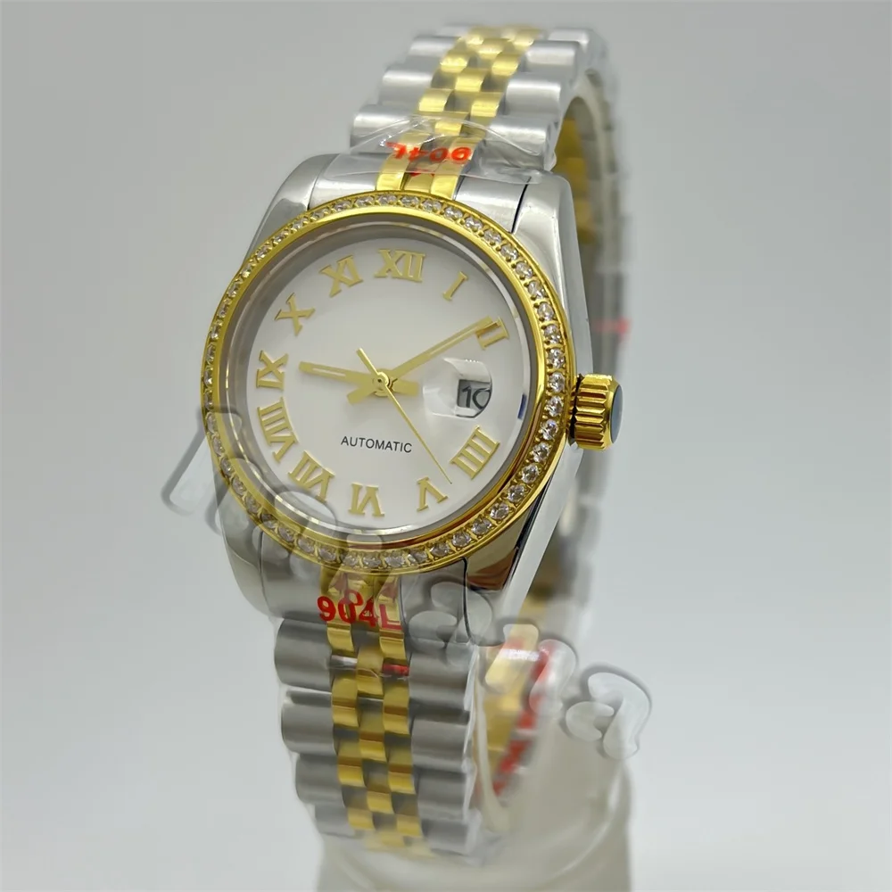 Ladies' diamond watch 31mm NH05 movement silver and gold case bracelet sapphire glass sun-exposed purple-gray dial Roman index