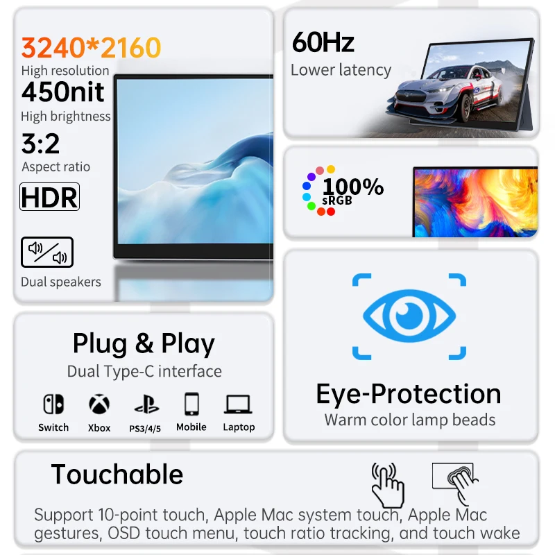 شاشة محمولة تعمل باللمس 15 بوصة 4K 60 هرتز 3:2 نسبة الارتفاع 100% sRGB شاشة تمديد منخفضة الضوء الأزرق لحماية العين مع دعامة خلفية