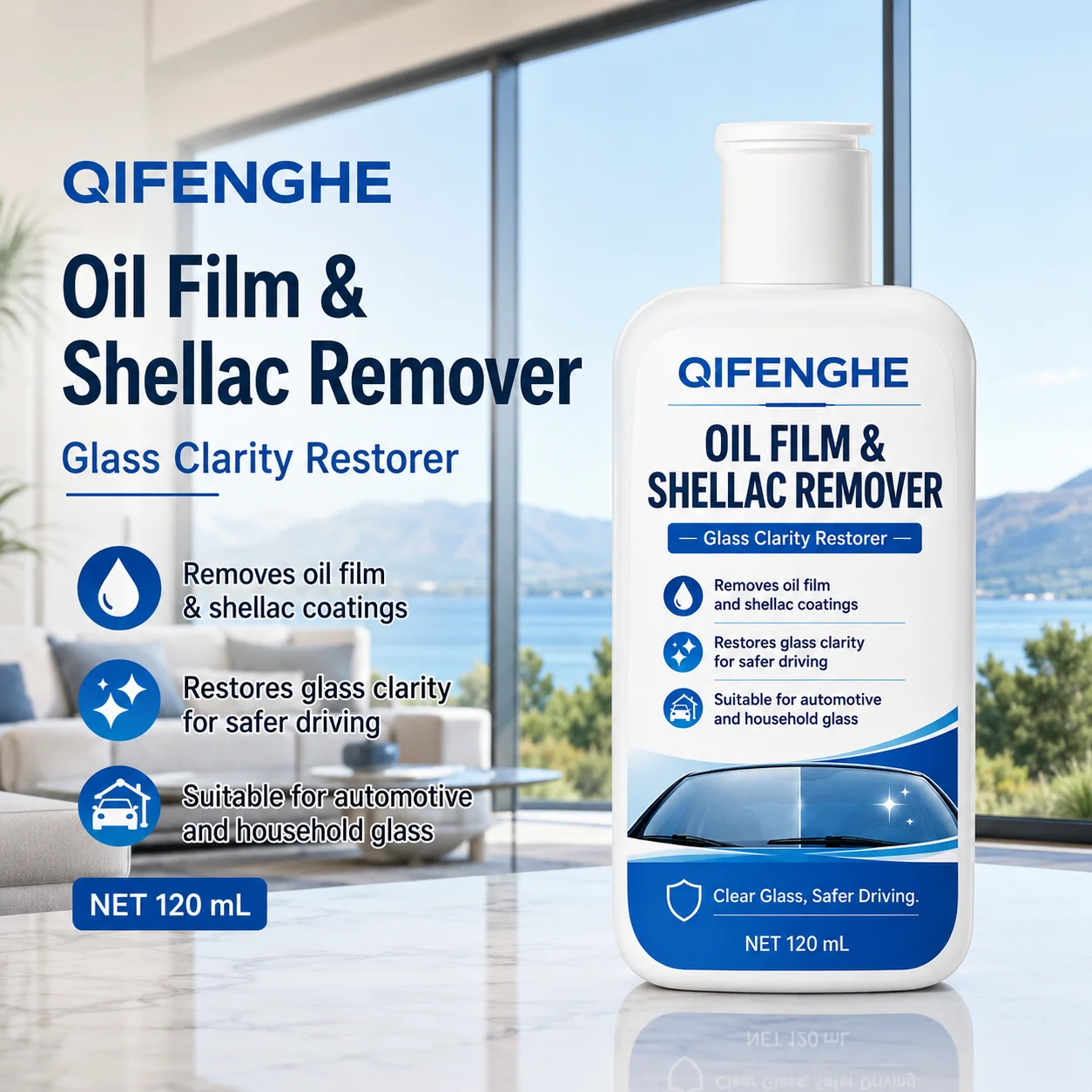 Glass Oil Film Remover 120ml Effective Bug Residue Cleaner for Car Windshield Windows Mirrors Household