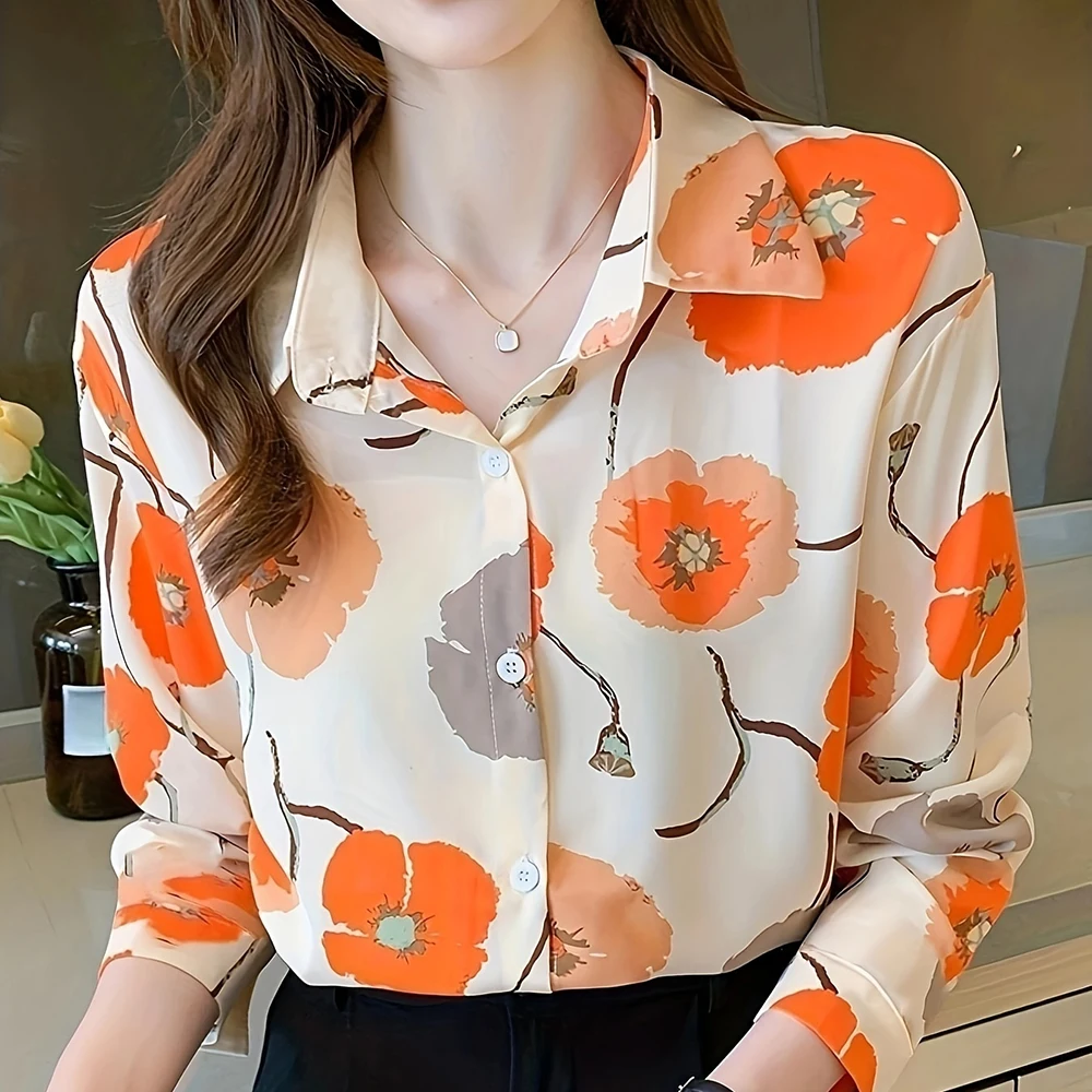 Casual Shirt Fashion Floral Print Long Sleeve Shirt For Women Plus Size Lapel Button Down Shirt For Women Elegant Evening Dress