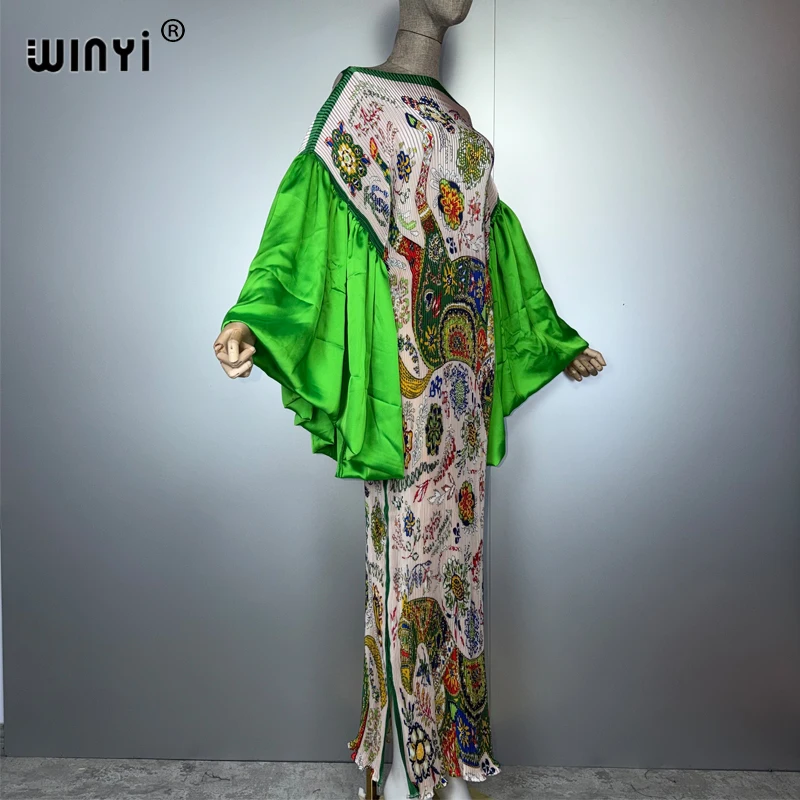 WINYI Bubble sleeve Pleated elastic slim dress beach wear kaftan abaya dubai luxury party long dress muslim woman evening dress