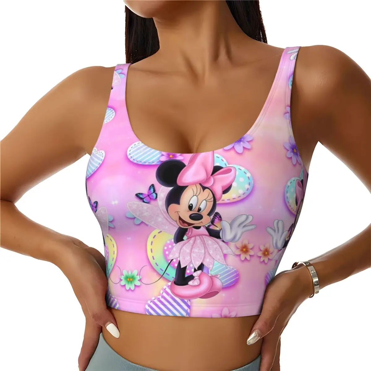 

Женские спортивные бюстгальтеры с рисунком Микки Мауса и Минни на заказ, ударопрочные укороченные топы на бретелях для тренировок в тренажерном зале и бега