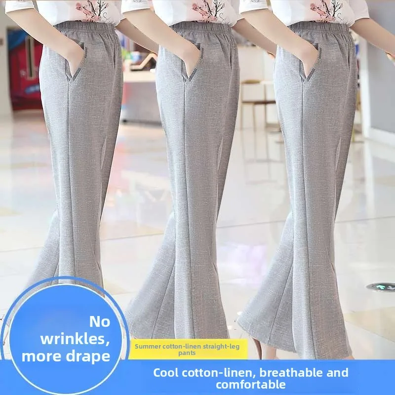 

Летние тонкие льняные повседневные брюки для женщин среднего возраста, с низкой посадкой, для работы, из ПВХ и других материалов, 00%