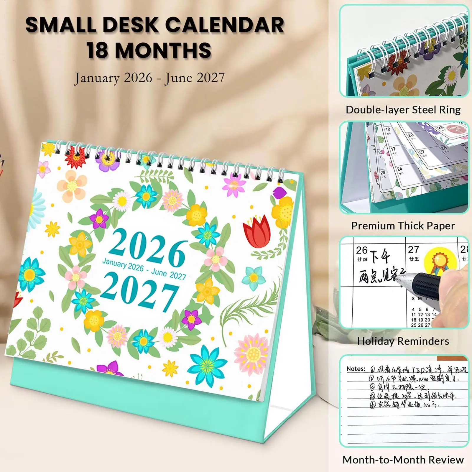 2026-2027 Yearly Desk Calendar 18-Month Spiral Bound Desktop Decor Monthly Calendar Planner for Home Work Study School Daily