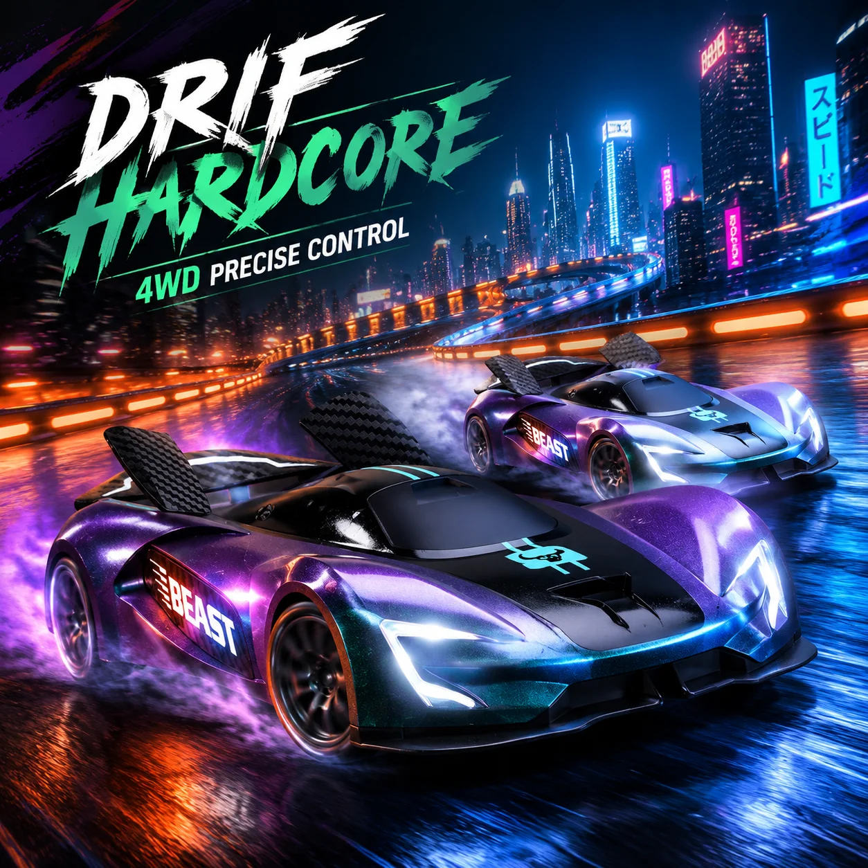 SG208Pro RC Drift Race Car 2.4GHz Remote Control Sports Vehicle Chameleon Gradient Paint Shell Auto Swing Rear Wing LED Light &