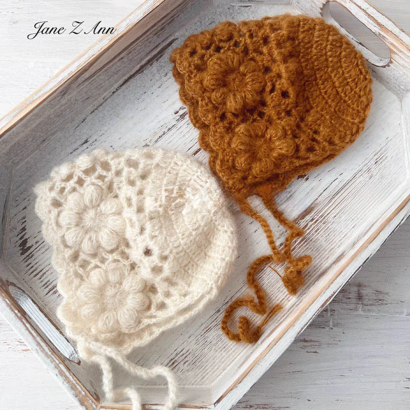 

Twin Newborn photo outfit Ivory brown crochet hats with lace openwork handmade knit baby props