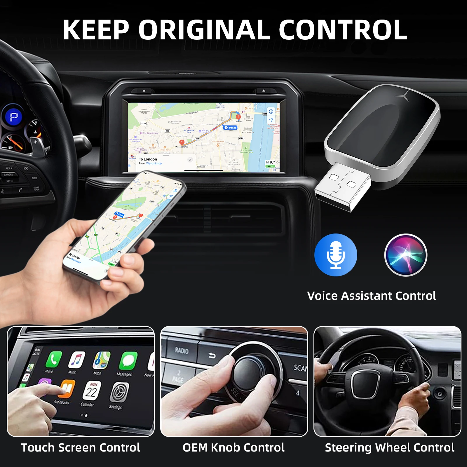 EzoneTronics Wireless CarPlay Android Auto Adapter for Factory Wired Car, Wireless CarPlay & Android Auto 2 in 1