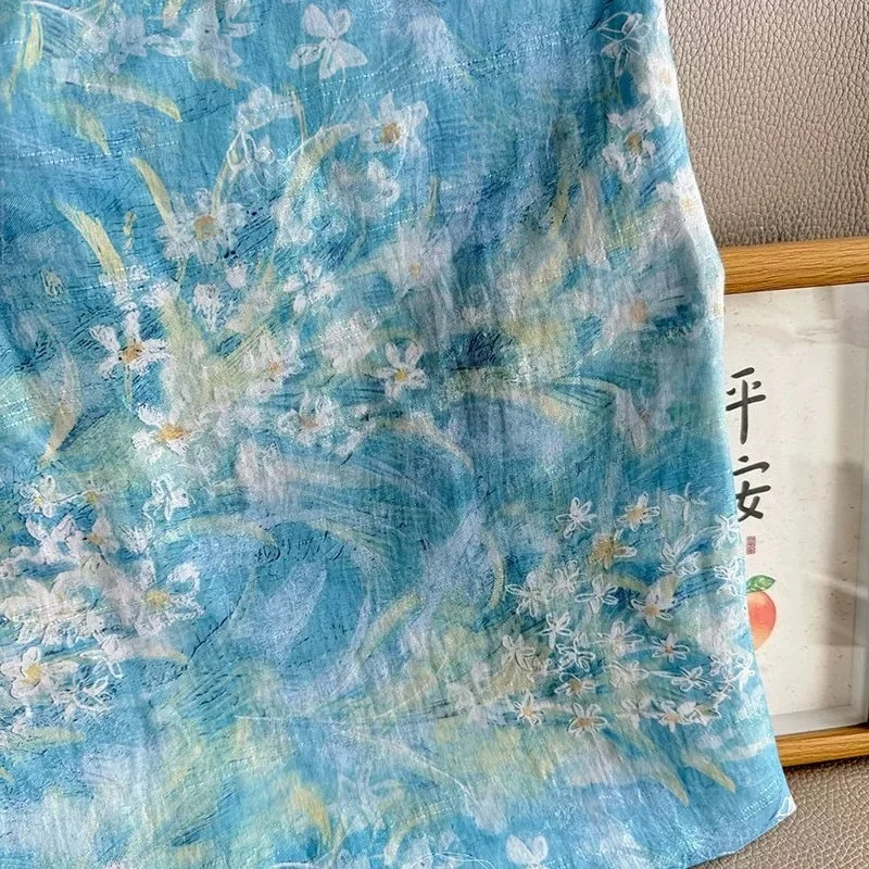 

Blue Floral Fabric Spring Summer Pastoral Artistic Style Lightweight Soft Dress Tablecloth Curtains Handmade Breathable Textile