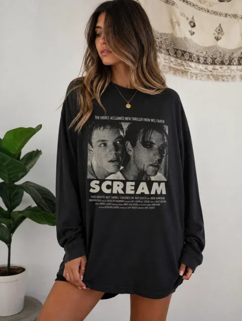 2026 Vintage Scream Movie Poster Graphic Long Sleeve T‑Shirt Men Women Loose Retro Horror Film Print Long Sleeve Tee Streetwear