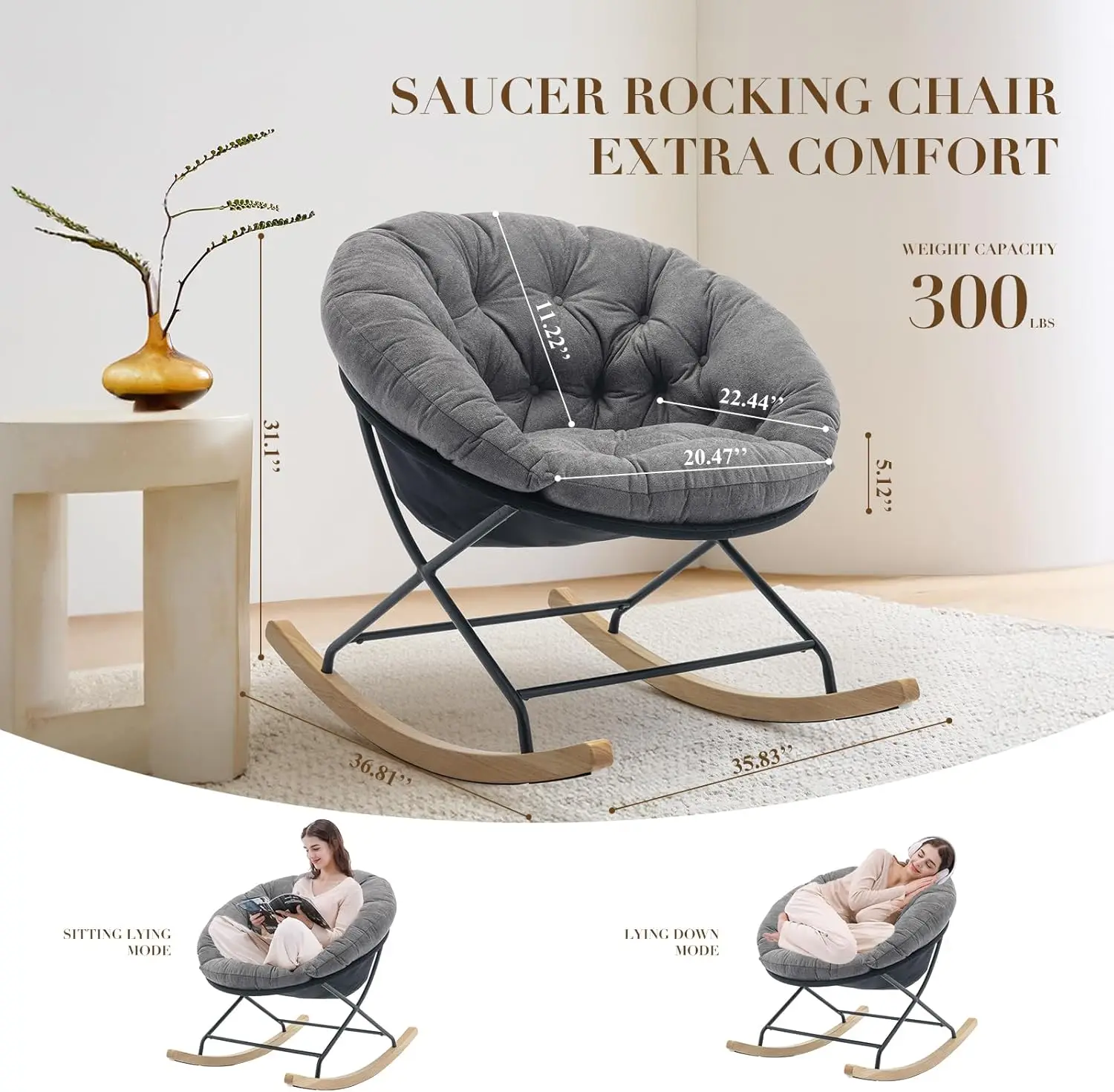 Rocking Chair Nursery, Upholstered Glider Rocker Accent Chair Saucer Armchair with Comfy Cushions, Wood Base and Metal Legs