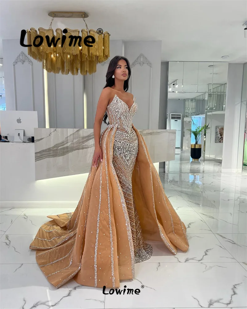 Lowime 2 In 1 Dark Champagne Arabic Evening Dresses 2024 Aso Ebi Crystals Luxury Mermaid Celebrity Dress Prom Gowns Party Dress