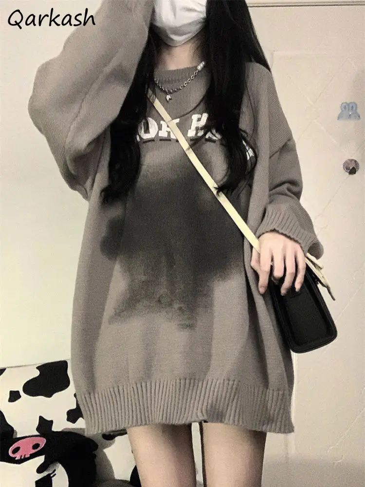 

Gray Letter Pullovers Women Baggy O-neck Cozy Knitted Sweet Young Simple Designed Basic Korean Style Harajuku Vintage All-match