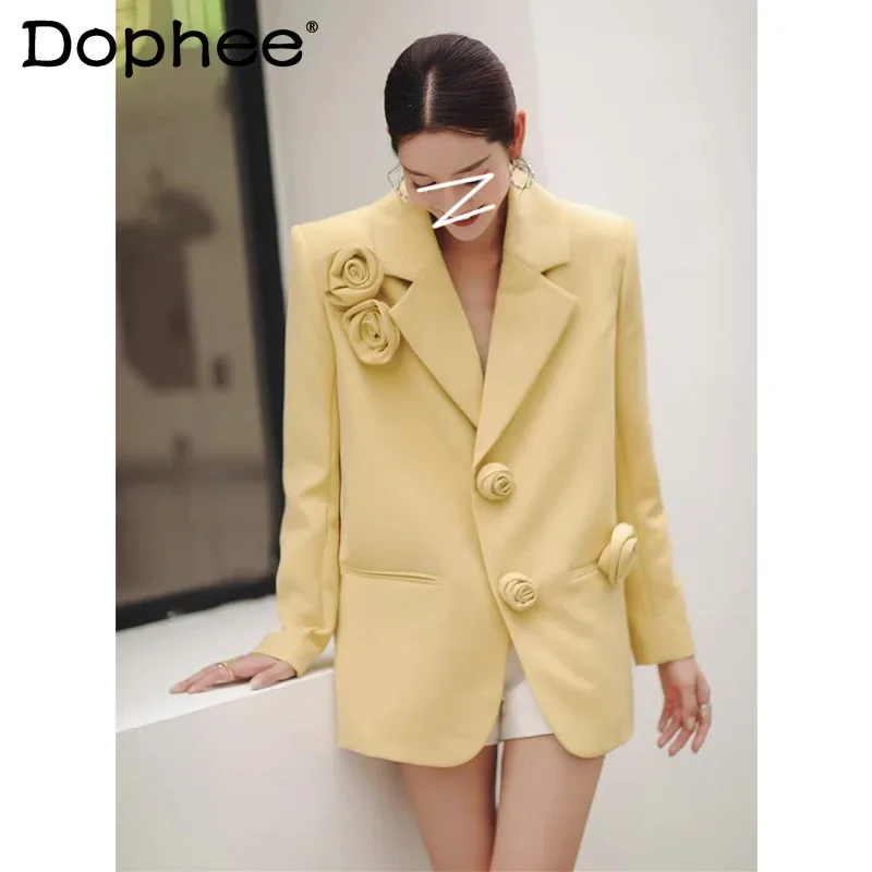 Elegante dolce 3D fiori giallo giacca da donna 2022 autunno inverno nuovi vestiti allentati ufficio giacca sportiva da donna cappotto capispalla Top