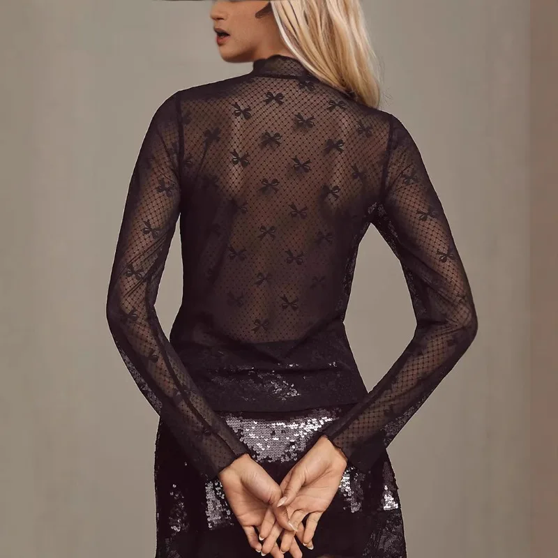 Blouse Undershirt Spring/Autumn Women's Sheer Solid Colour Lace Long Sleeve Mesh Multi-Colour Seductive Niche Versatile Designer