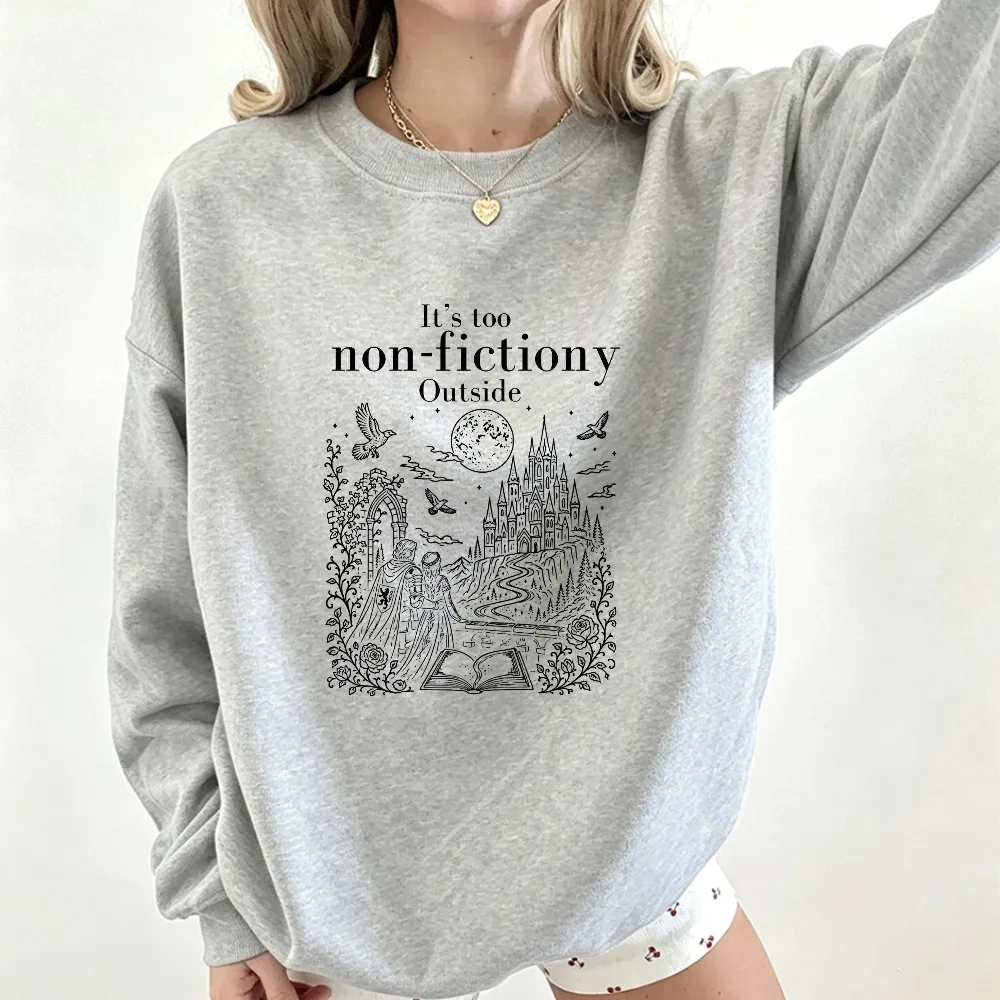 It's Too Non-Fictiony Outside Crewneck Sweatshirt Fantasy Castle Moon Forest Line Art Unisex Casual Long Sleeve Sweatshirt Gift