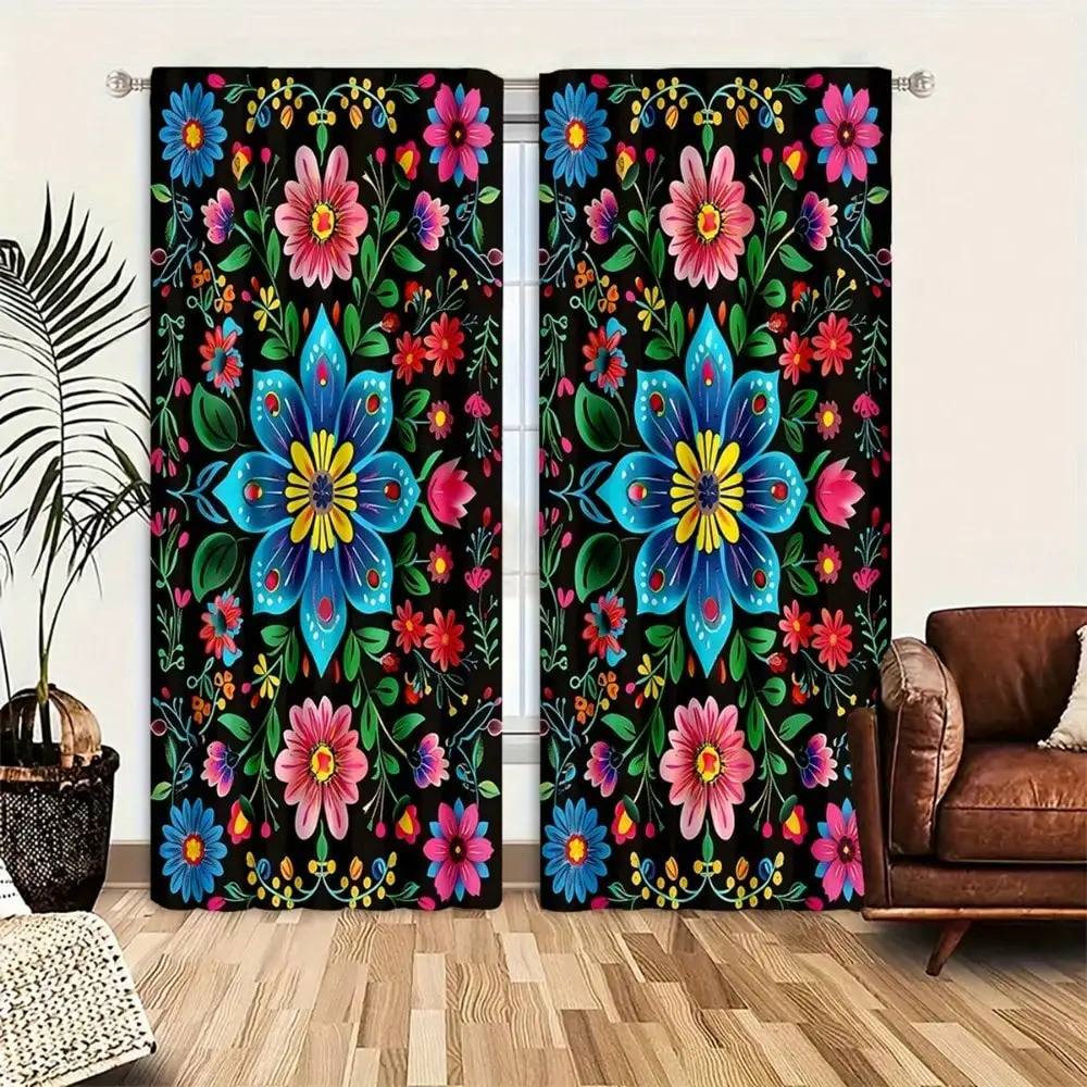 2PCS Curtains Bohemian Floral Print Curtain Soft Textured Privacy Protection Rod Not Included Curtain Panel Curtains Long