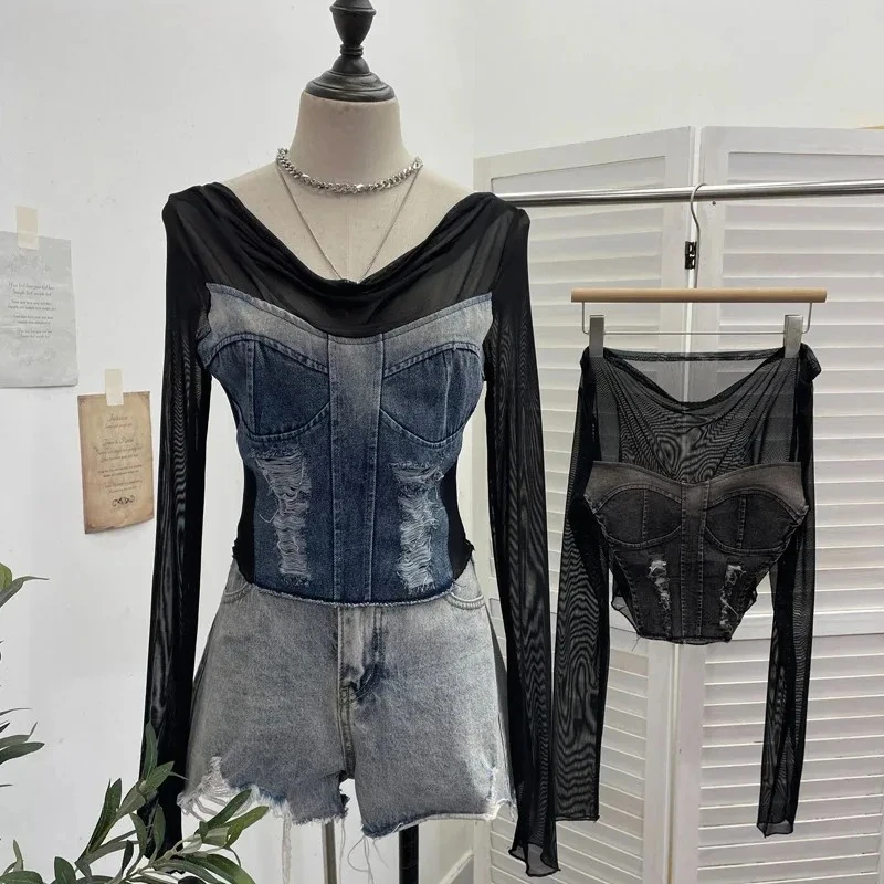 

Absgd 2025Fashion Swinging Collar Long Sleeve T-shirt For Women Distressed Denim Patchwork Mesh Backless Short Top Female