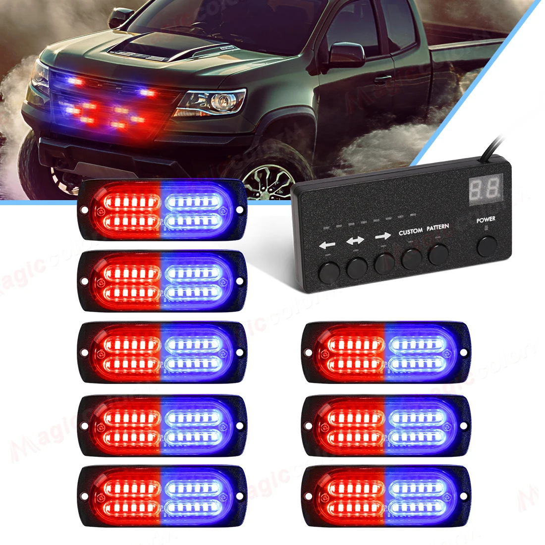 

24 LED 8PCS Front Grill Warning Light With Controller Strobe Emergency Light For Truck Police Vehicles ATV RV Car Van Waterproof