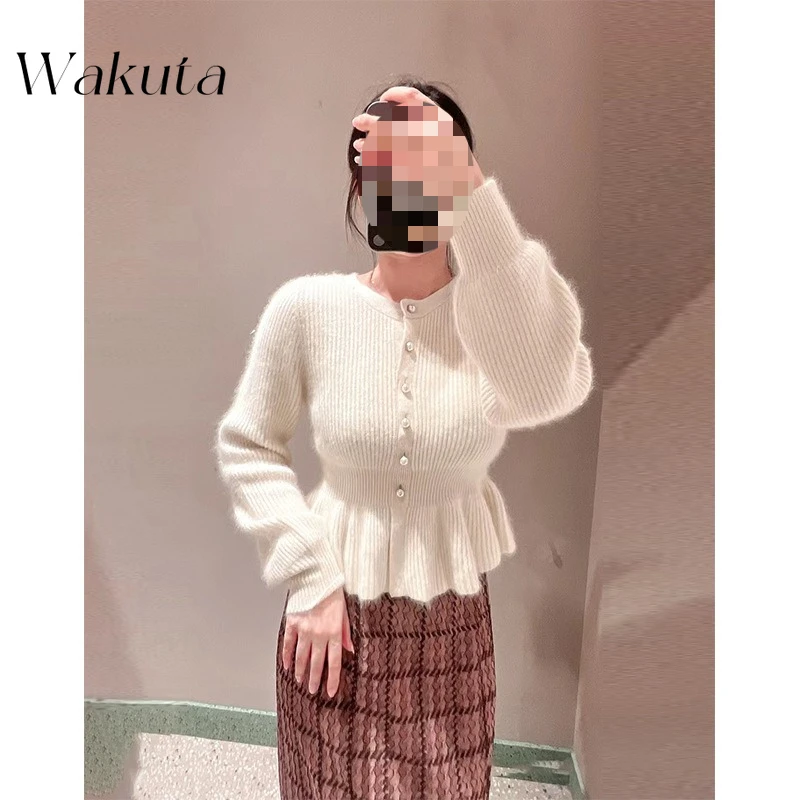 WAKUTA Japanese Classic Autumn Round Neck Long Sleeve Knitted Cardigan Sweet Solid Waist Skirt Hoodie Retro Commuter Pullovers