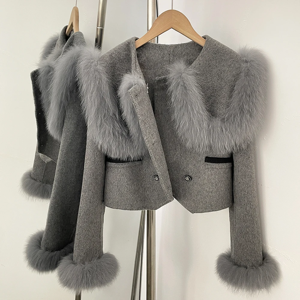 OFTBUY Doppelknopf-Taschen Warme Winter Elegante Oberbekleidung Neue Damen-Wolljacke mit Großem Echtfuchs-Fellkragen und -Manschetten – Detail 8