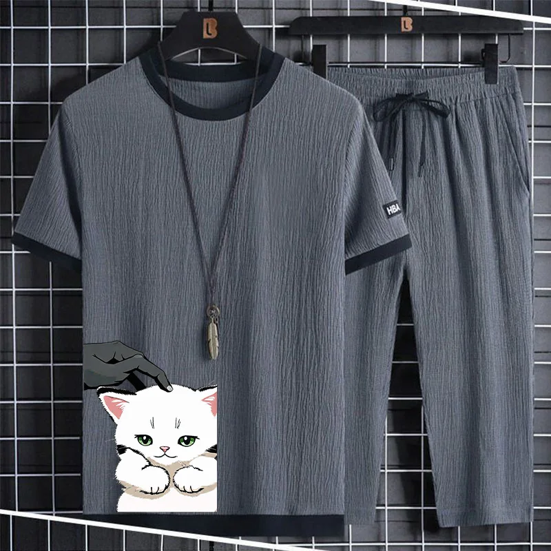 

Мужской летний комплект: свободная футболка с коротким рукавом и длинные брюки, повседневная спортивная одежда для подростков и студентов, доступны большие размеры.