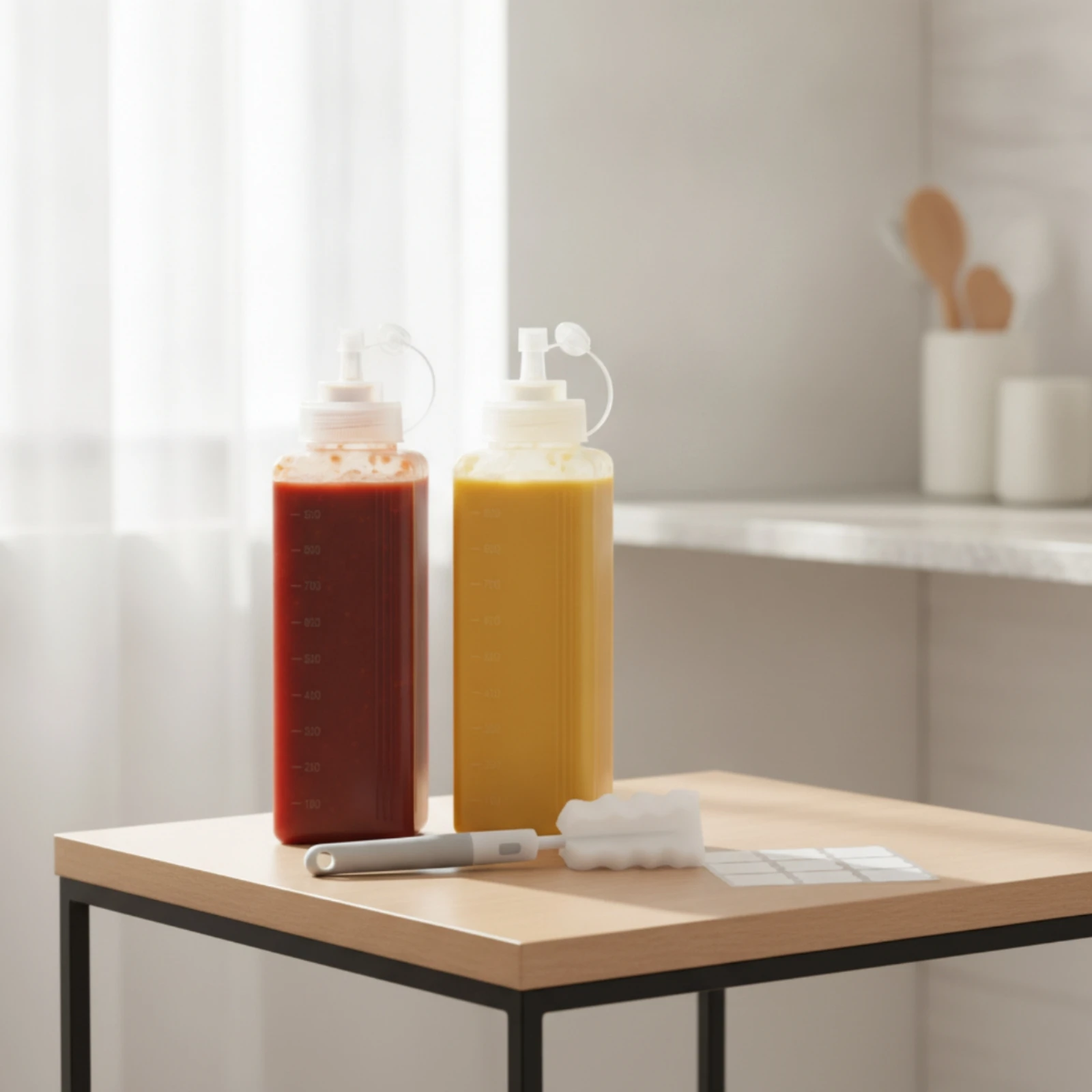 2 Pieces Condiment Press Bottle with Wide Mouth Clear Press Bottle with Nozzle Container Refillable Messmessless for Home Cooks