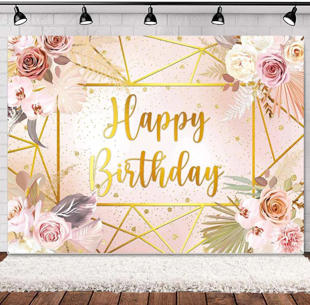 

Floral Happy Birthday Party Photography Backdrop Rose Gold Glitter Background Women Girl 16th 30th 40th 50th 60th Anniversary T