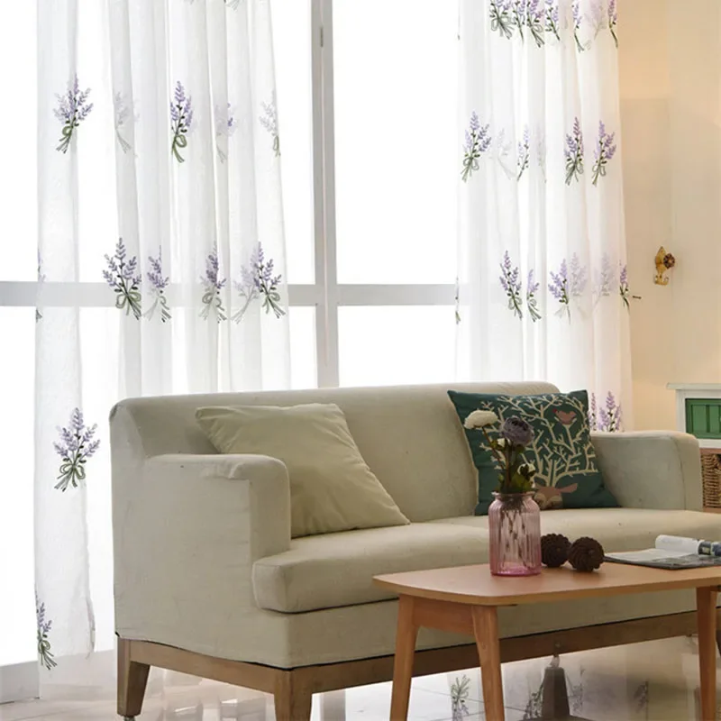 French Pastoral Curtains Purple Lavender Embroidery Tulle For Living Room Bedroom Pink Flower Curtain For Kitchen Home Decor