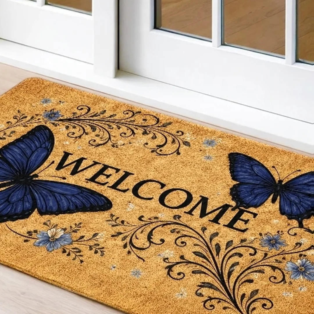 Blue Butterfly Floral Welcome Coir Door Mat Vintage Flower Vine Print Indoor Front Entryway Welcome Doormat Home Decor Rug