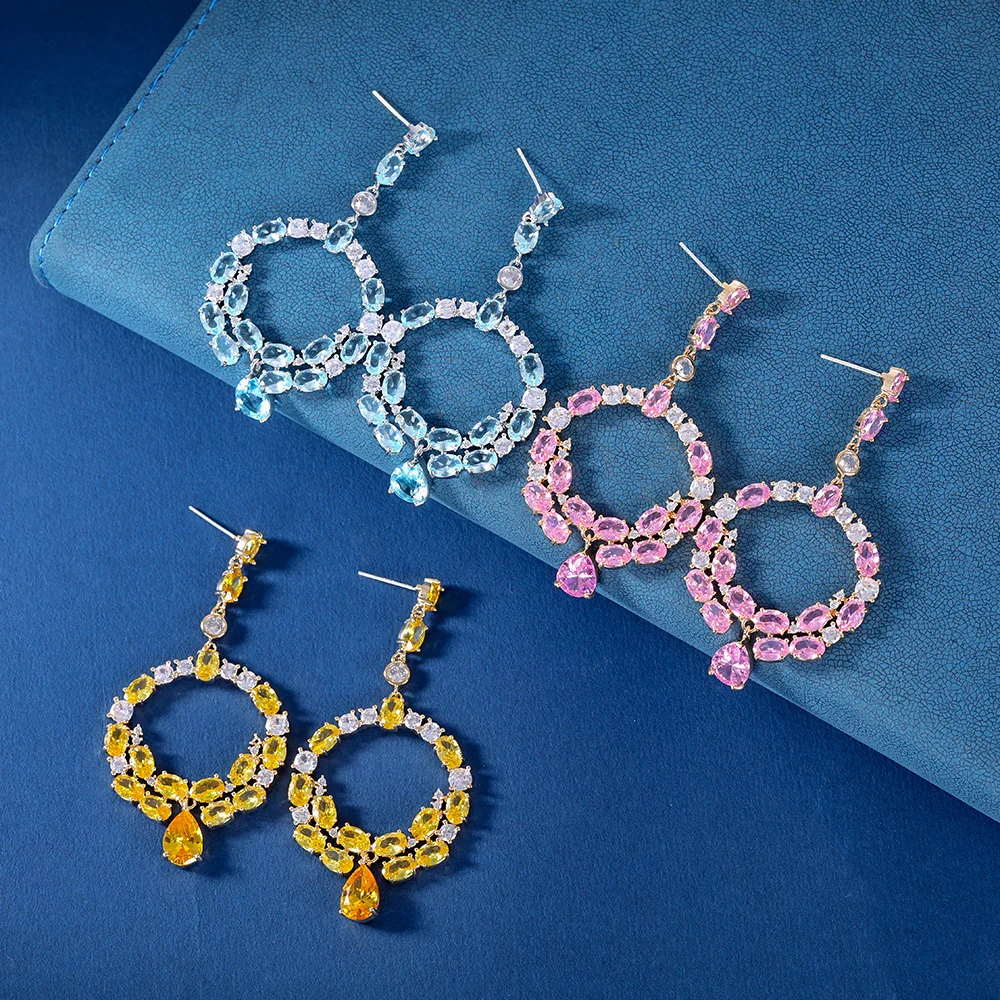 

925 Silver Gold Plated Multicolor CZ Circle Drop Earrings, Sparkling Gemstone Dangle, Luxury Party Jewelry for Women