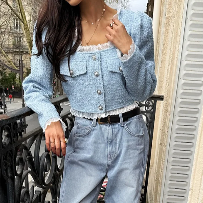 

Chic Korean Sle Women's Jaet Vintage Square Collar Metal Bule Ruffle Splicing ort Top Faionable Ele Ladies' Out...