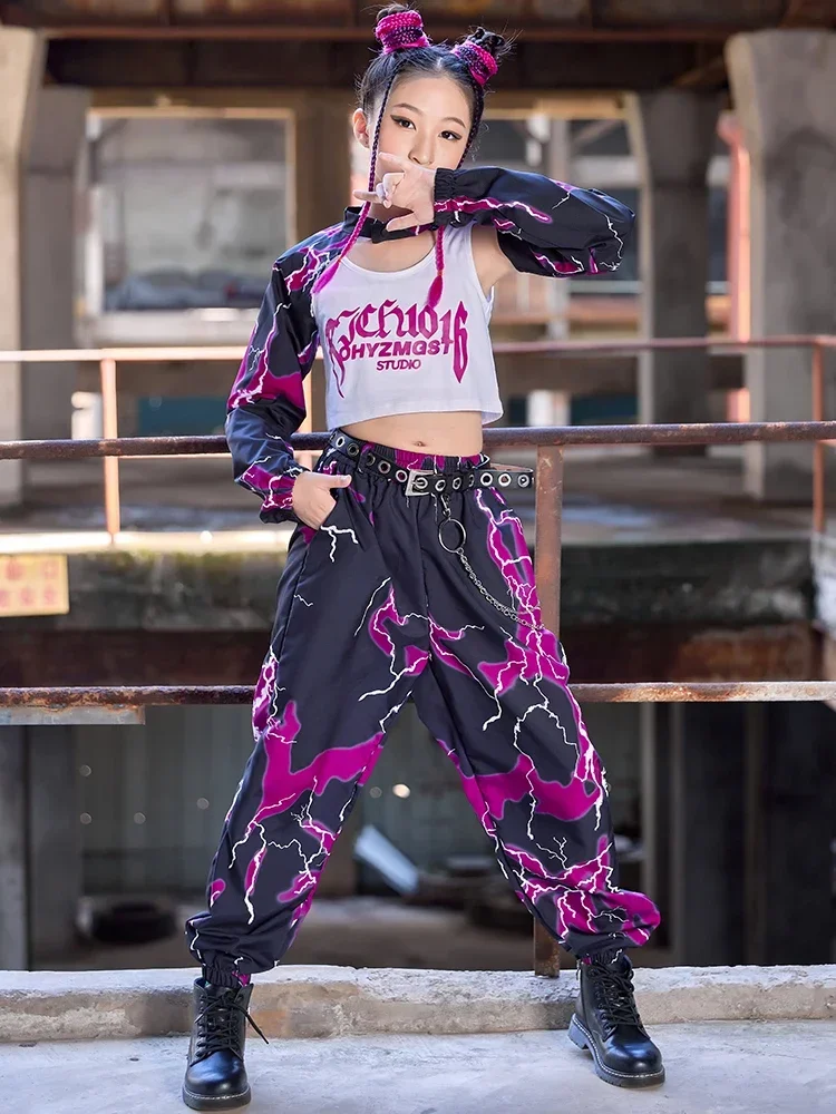 Tenue de spectacle de danse moderne K-pop pour filles, vêtements de spectacle de piste, vêtements hip hop pour enfants, costume de danse jazz, noir, violet