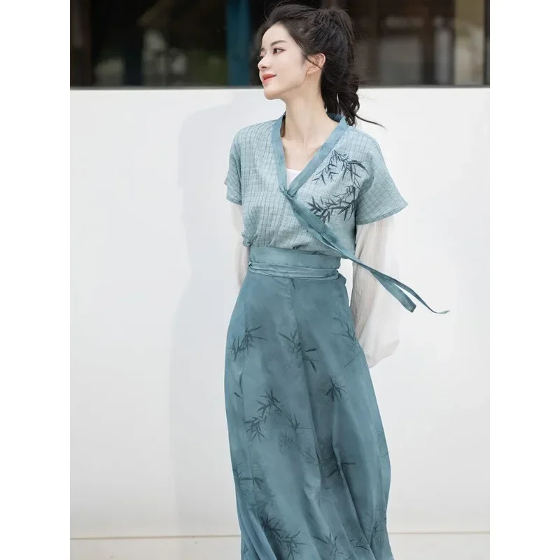 

2024 Autumn Elegant Blue Bamboo Printed Long Sleeves Hanfu Dresses 3pcs Women's Improved Modern Casual Clothes Vestidos Chinos